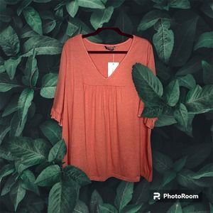 BloomChic Plus Size 14 16 Coral V-Neck Ruffle Trim Flounce Sleeve Blouse 1X